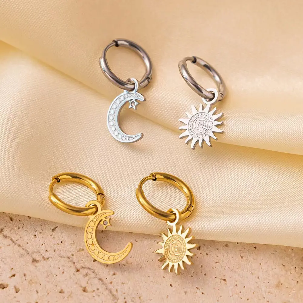 Trend Asymmetric Stainless Steel Gold Plated Star Moon Dangle Earrings Texture Statement Huggie Ear Hoop for Women Gift Jewelry