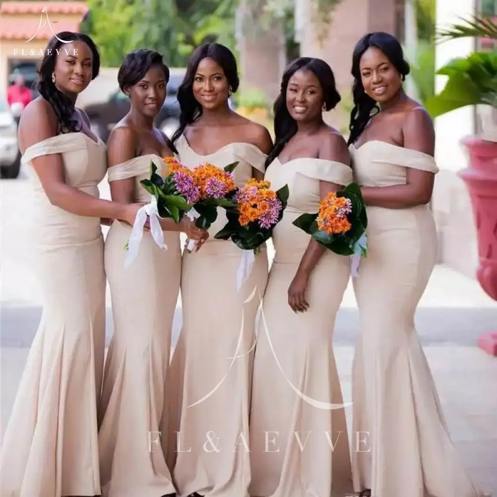 

Атласное платье для подружки невесты цвета шампанского, длинное платье с открытыми плечами для свадебной церемонии, элегантное праздничное платье с юбкой-годе, 2024