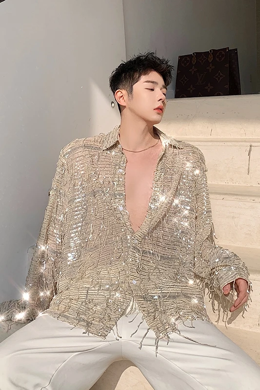 Men shirts Long sleeve Streetwear Men Shirt Cargo Vintage Fashion Sequins tassel Stage Show Dress Shirt Oversized Blouse