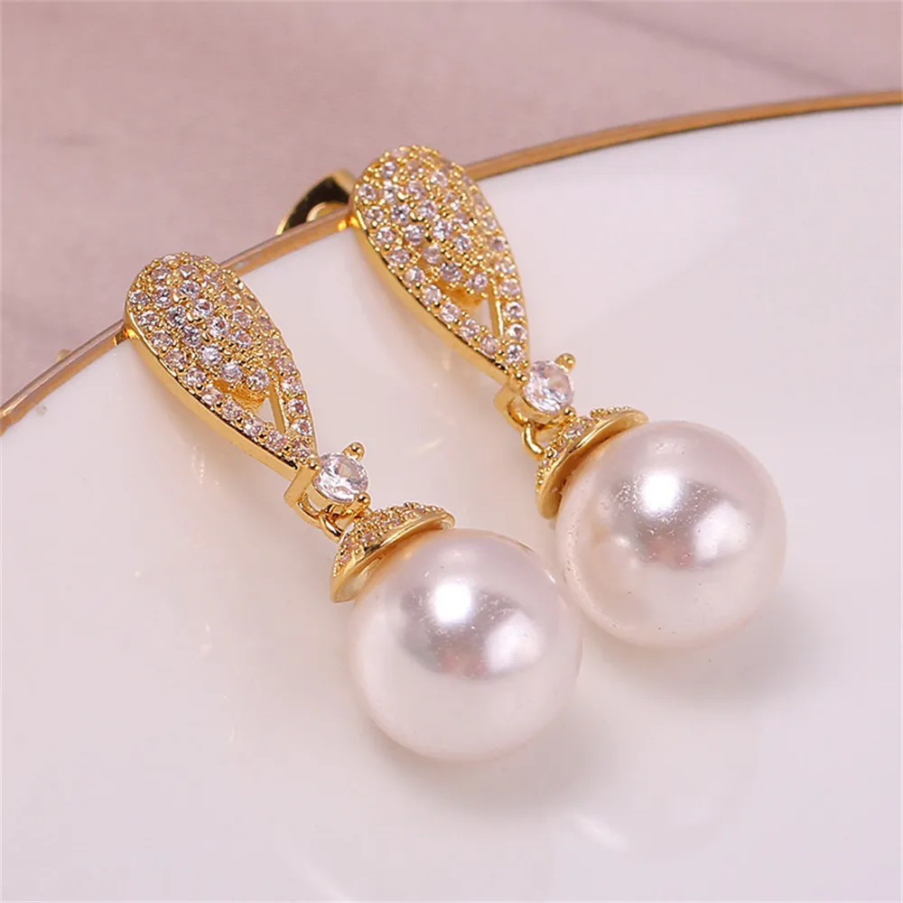 DIY Accessories Copper Plated 18K Gold Drop Shaped Zircon Pearl Earrings with Empty Brackets S925 Silver Needle Earrings