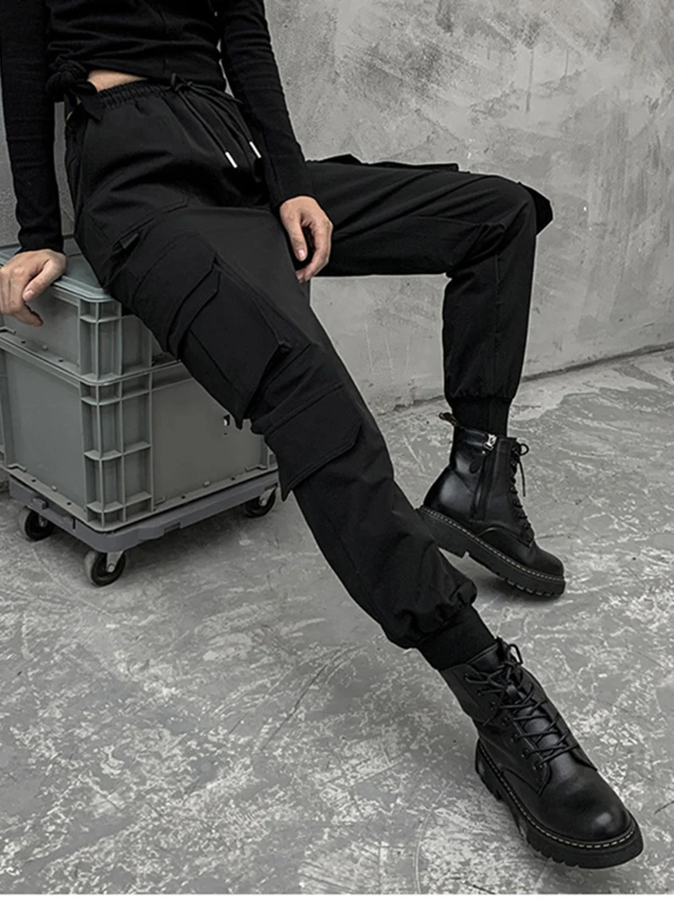 [EAM] Black Pockets High Elastic Waist Long Harem Trousers New Loose Fit Pants Women Fashion Tide Spring Autumn 2024 1DD2683