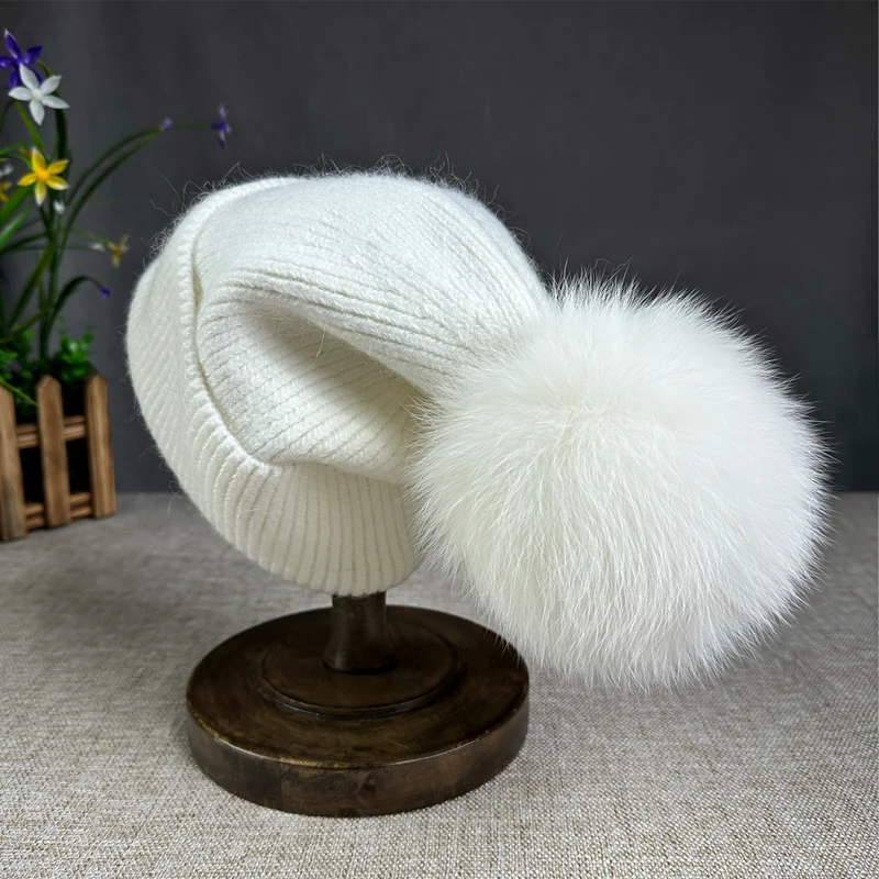 New Angora fur winter hat For Women children fox fur pompom hats Beanies Luxury Big size Bonnet Female Soft Warm Skullies hat 3