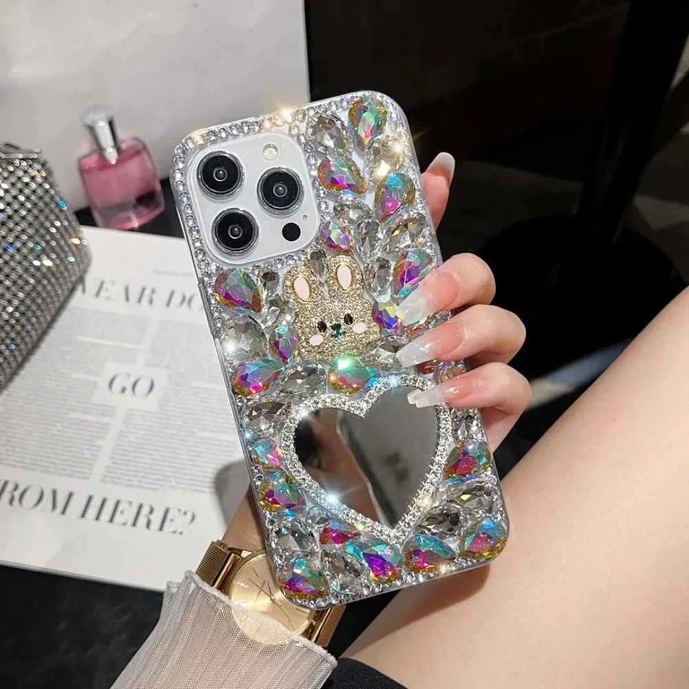 

Luxury Diamond Rabbit Ears Makeup Mirror Case for Huawei P50Pro P40 Mate30 for Honor 9X 50 60Pro with Bling Rhinestone Cover