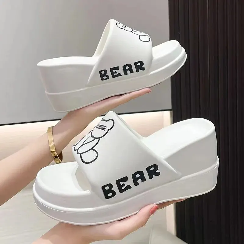 Summer Women's Platform Heeled SlippersLight EVA Slides Shoes Outdoor CasualSlippers Trend Cartoon Bears High HeelsSlippers