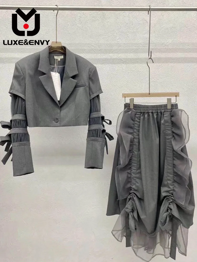 

LUXE&ENVY Designer Brand Minority Sleeve Mesh Splicing Suit Two-piece Set 2023 Spring New Drawstring Skirt