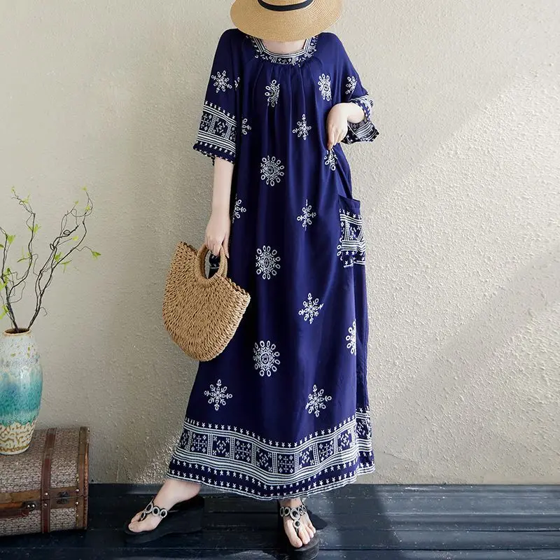 Vintage-Inspired Summer Round Neck Loose Dress