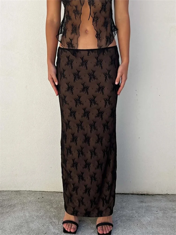 Toss Lace Embroidery Maxi Skirts Summer Casual Low Waist Double-Layer Mesh Slim Y2k Long Skirts For Women 2025 White Skirt Set