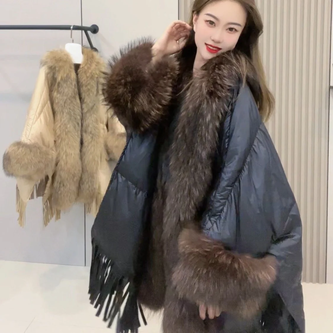 Raccoon Fur Collar Down Jacket Women 2024 Winter New High-End Fashion Mid-Length Cape Loose Long Sleeve Elegant Warm Coats