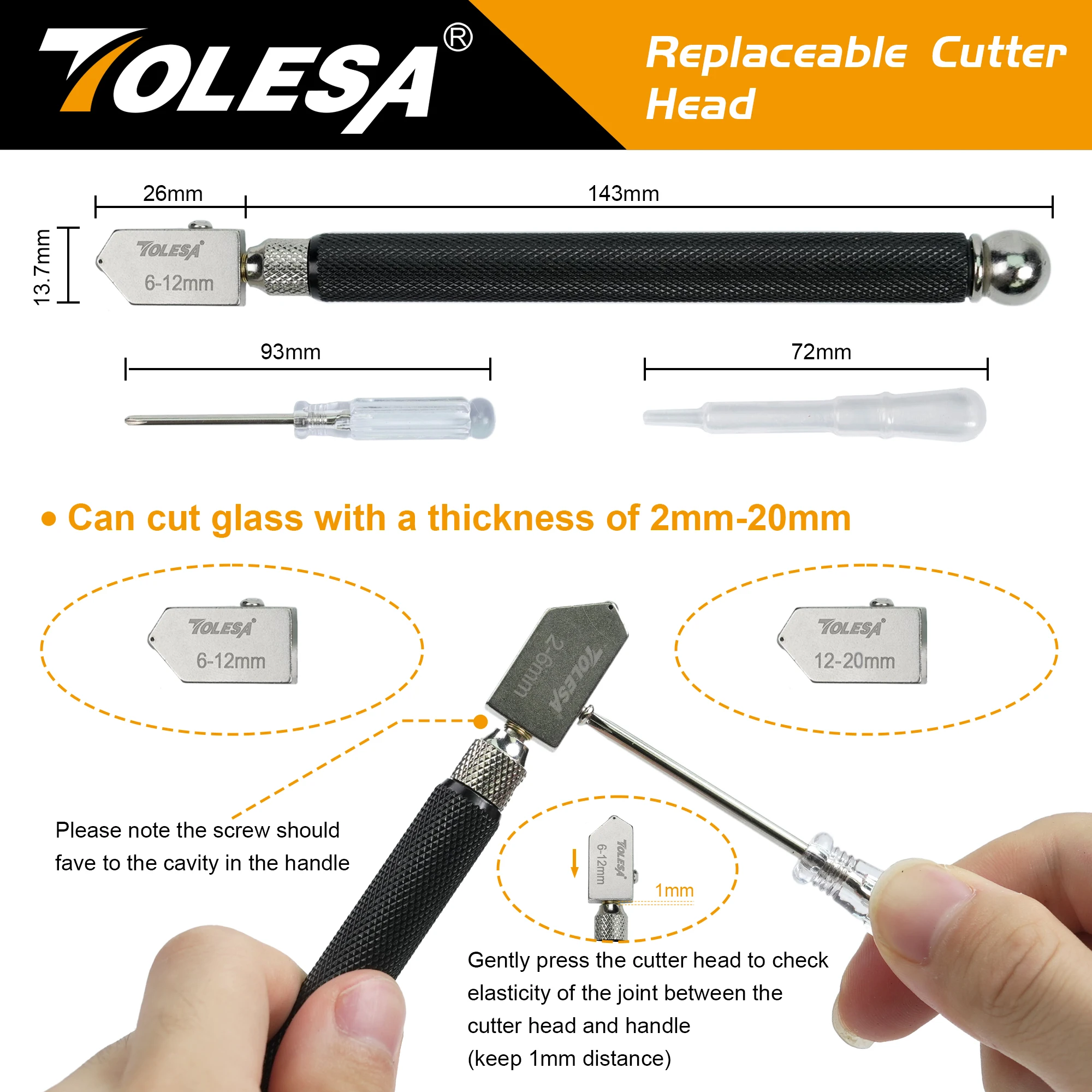 TOLESA Glass Cutter Tool Set 2mm-20mm Pencil Style Oil Feed Carbide Tip with 2 Bonus Blades, Screwdriver, Oil Dropper and Box