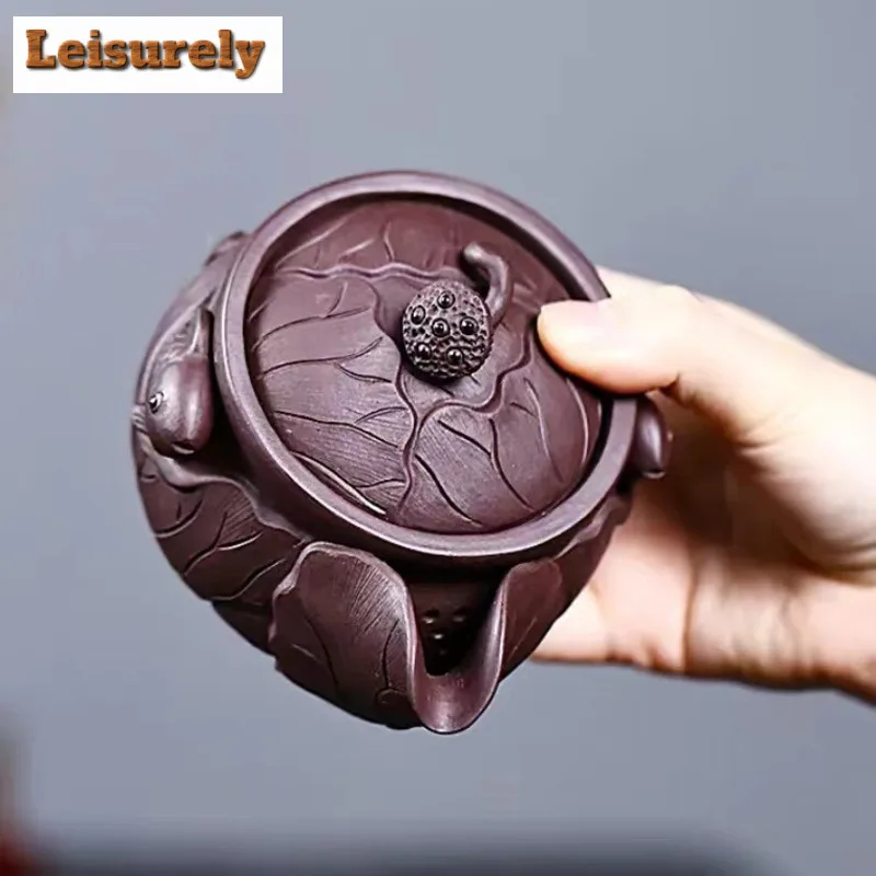 250ml Ancient Yixing Purple Clay Teapots Handmade Lotus Leaf Goldfish Hand Grab Pot Raw Ore Purple Mud Kettle Zisha Tea Set Tea