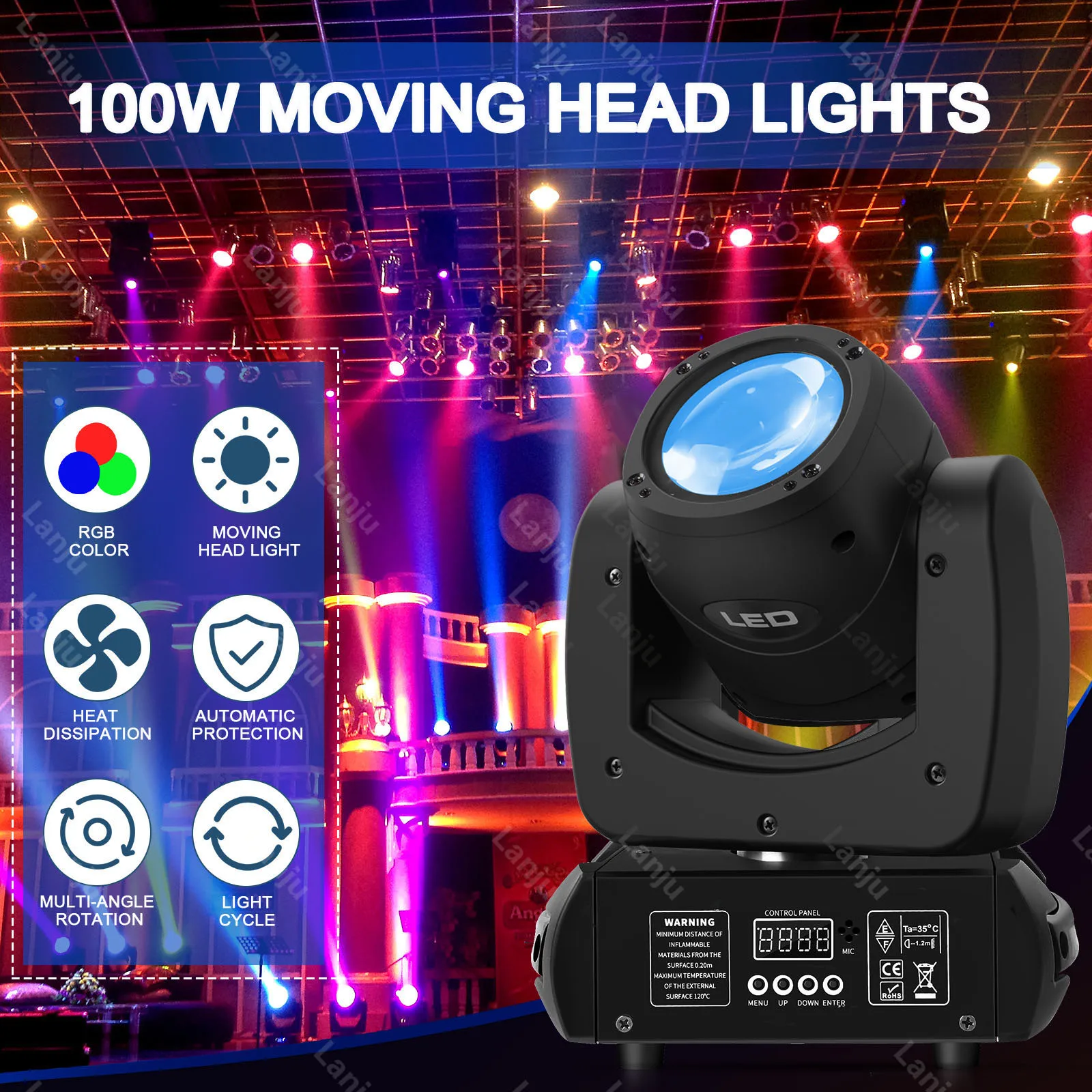 

LED 100W beam moving head pattern light voice controlled RGBW rotating KTV bar DJ disco wedding Christmas party DMX stage lights