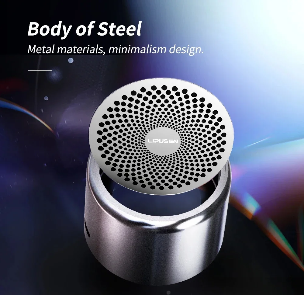 Portable Bluetooth speaker showing built-in microphone and bass sound feature.