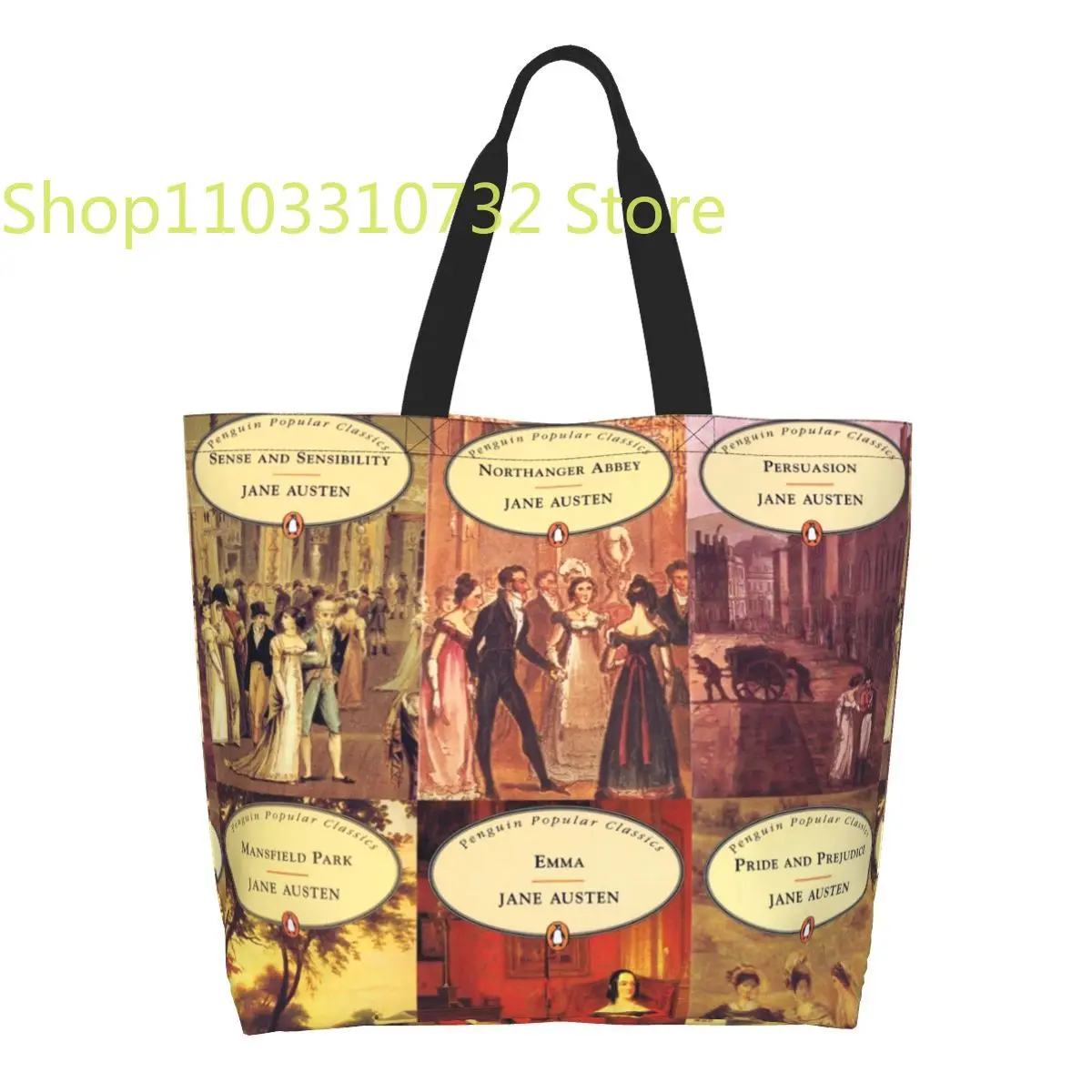 

Jane Austen Vintage Books Groceries Shopping Bag Printed Canvas Shopper Shoulder Tote Bag Large Capacity Washable Handbag