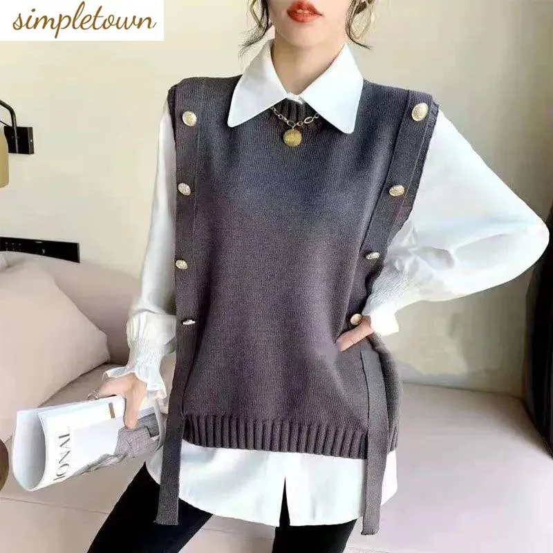 

Fashion Knitted Sweater Tank Top 2023 Spring and Autumn Korean Double Breasted Knitted Age Reducing Elegant Women's Top