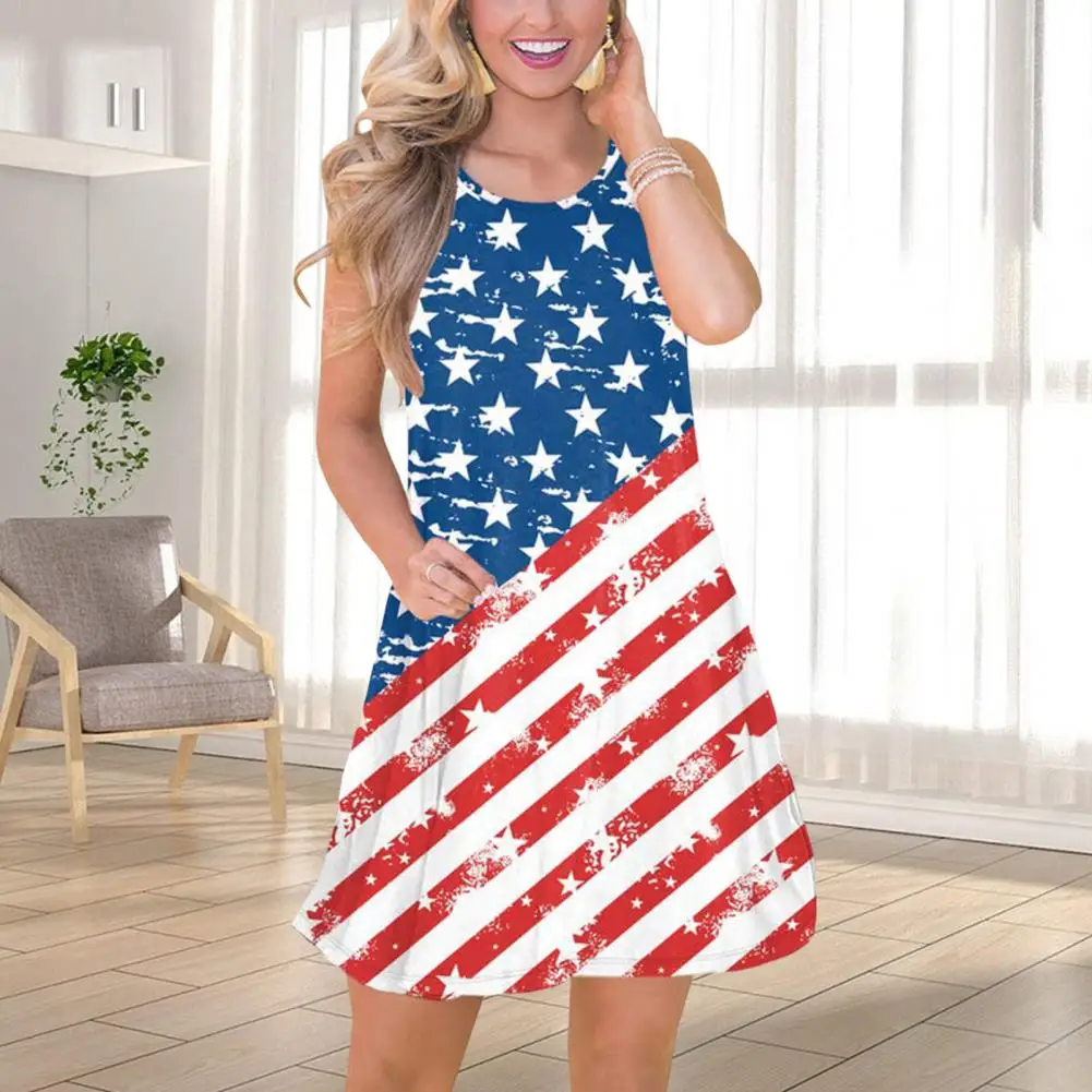

Independence Day Mini Dress Patriotic Women's Sleeveless Mini Dress with Star Striped Print American National for Independence