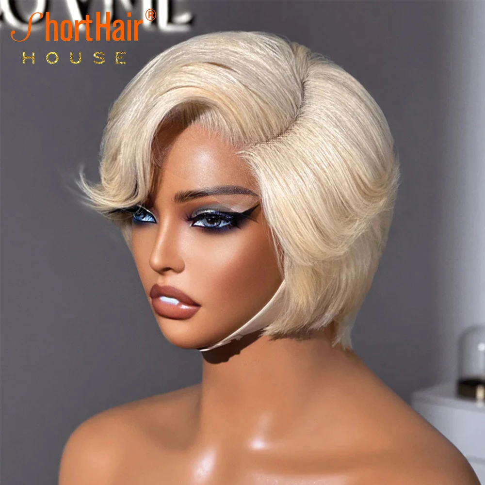 Short Hair 613 Blonde 180% Pixie Cut Wigs Human Hair Wig Bangs 13x6x1 T Part Wig Brazilian C Parted Minimalist Pixie