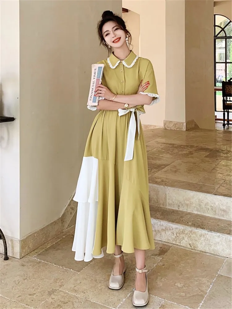 

Fashion Elegant Splice Ruffles French Style Long Shirt Dresses for Women 2022 Summer Korean Short Sleeve Bandage Maxi Dress 6925