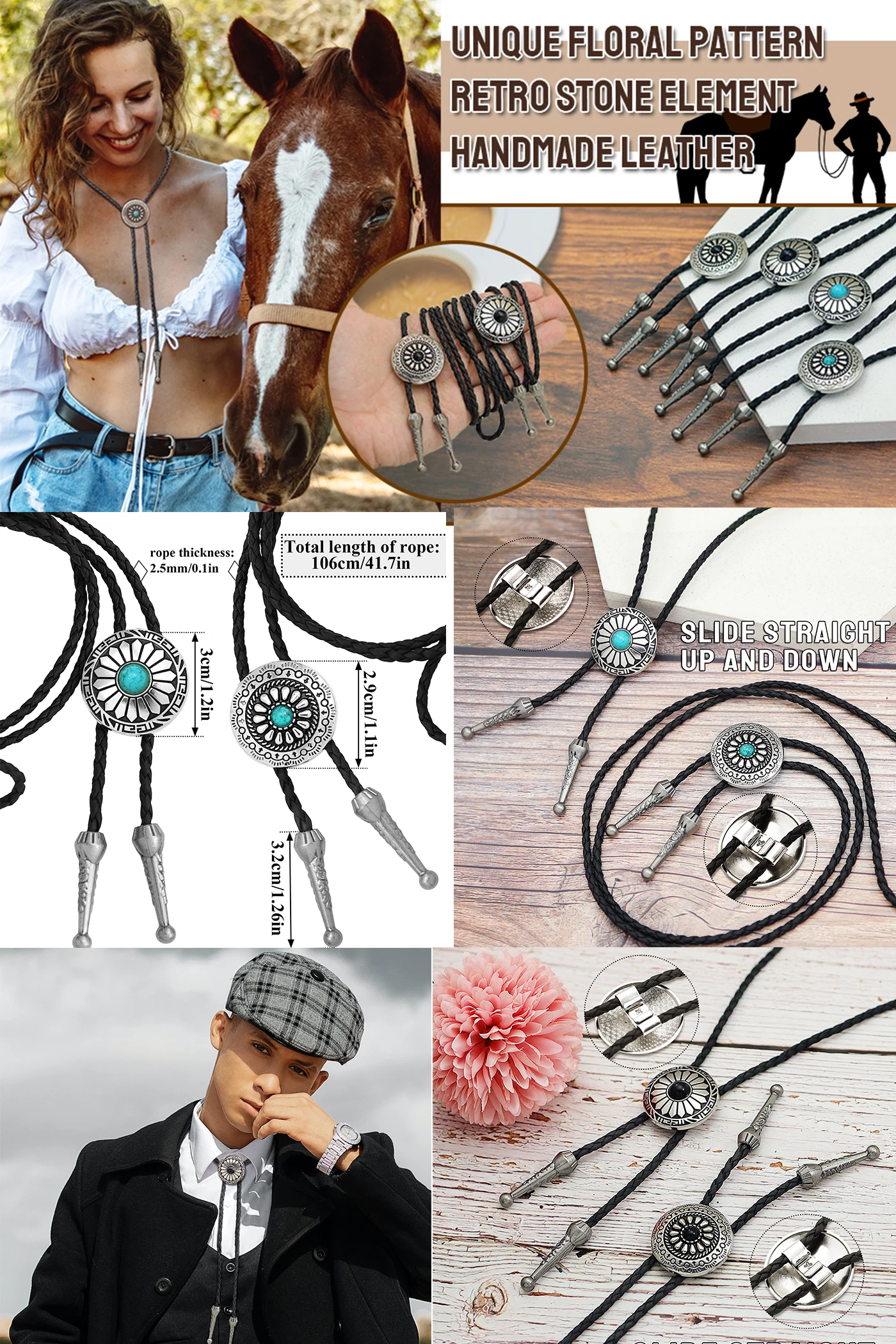 Western Cowboy Bolo Krawatte Halskette Krawatte Zubehör Männer Frauen Vintage Stein Anhänger Leder Bolo Krawatten Konzert Rodeos Krawatte – Detail 1