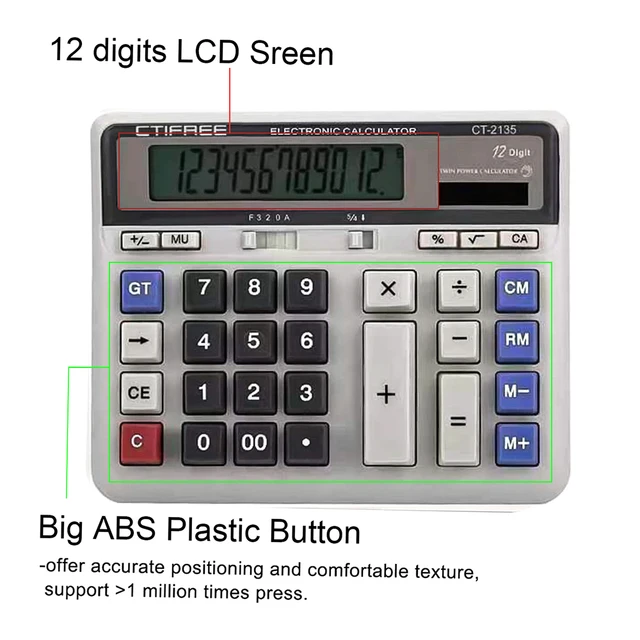 Electronic Calculator Counter Solar & Battery Power 12 Digit Display Big Button for Business Office School Calculating 2