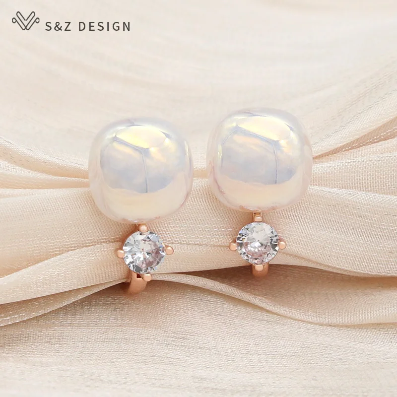 S&Z DESIGN New Fashion Square Simulated-pearl 585 Rose Gold Color Cubic Zirconia Dangle Earrings For Women Wedding Jewelry