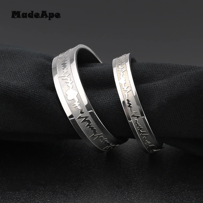 MadApe ECG Couple Ring Gold Color Titanium Stainless Steel Width 6mm Women Weddding Ring For Women Men Engagenemt Ring Jewelry 3