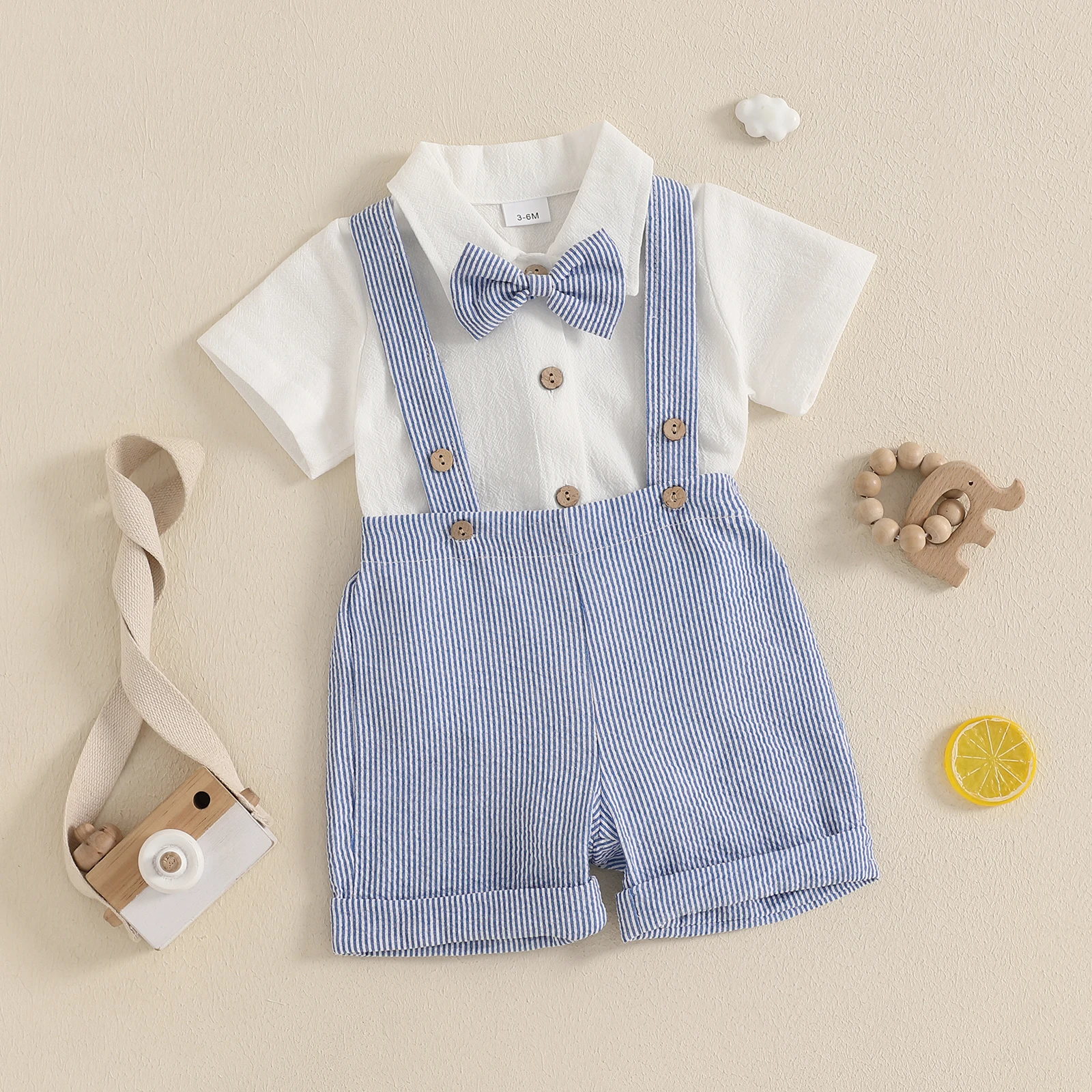 FOCUSNORM 0-18M Infant Baby Boys Gentleman Clothes Sets Solid Short Sleeve Lapel Neck Romper Stripe Suspender Shorts Bowtie