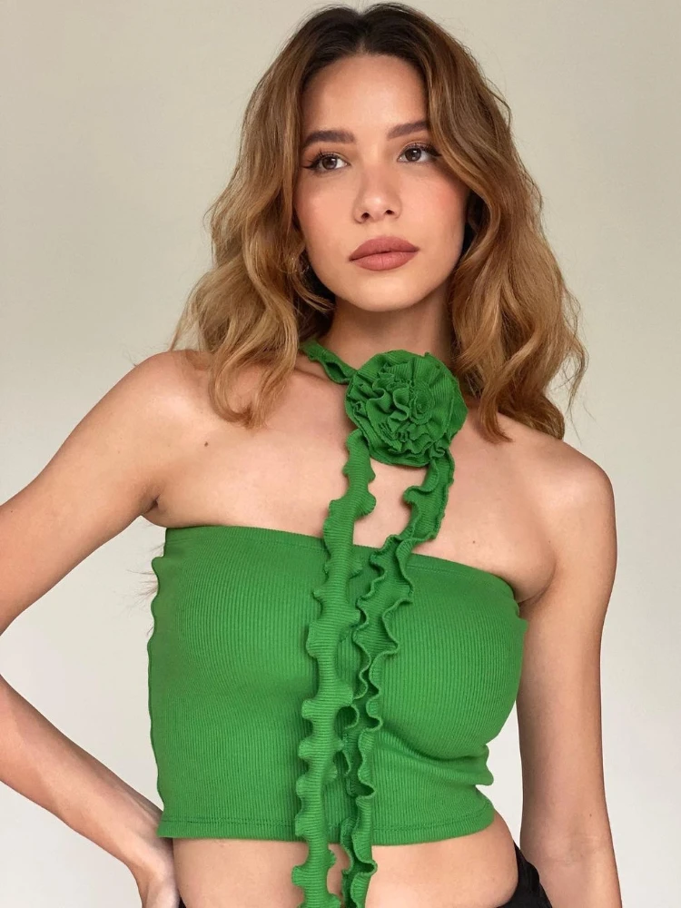 

Vest Women's Polyester Sexy Strap Short Top Green Flower Stitching Halter Slim Slimming Wrapped Chest Simple Fashion Versatile