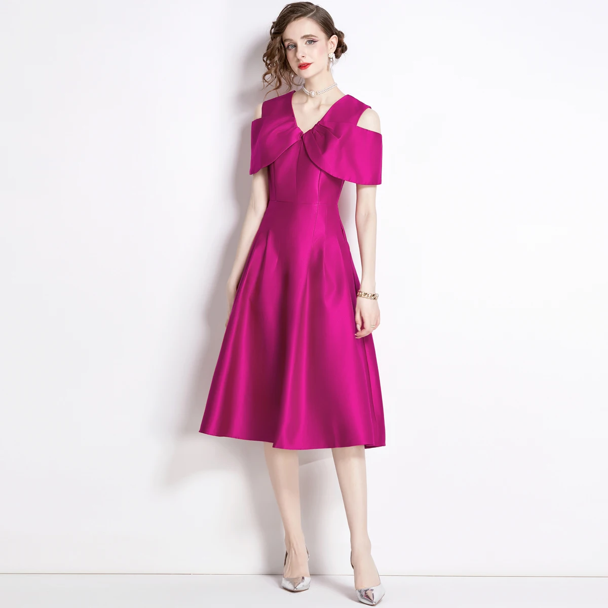 

Elegant Off The Shoulder Evening Party Dress Women 2024 New Arrivals Summer Clothes Short Sleeve Solid Aline Midi Prom Dresses