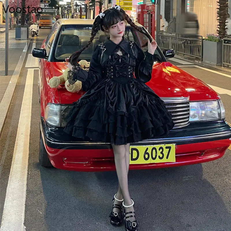 Vintage Gothic Lolita Dress Women Victorian Punk Slim Bandage Princess Party Dresses Girls Cute Metal Cross Bow Evening Dress Lolita Suspender Dress Lolita Dress Lolita Cosplay Costumes