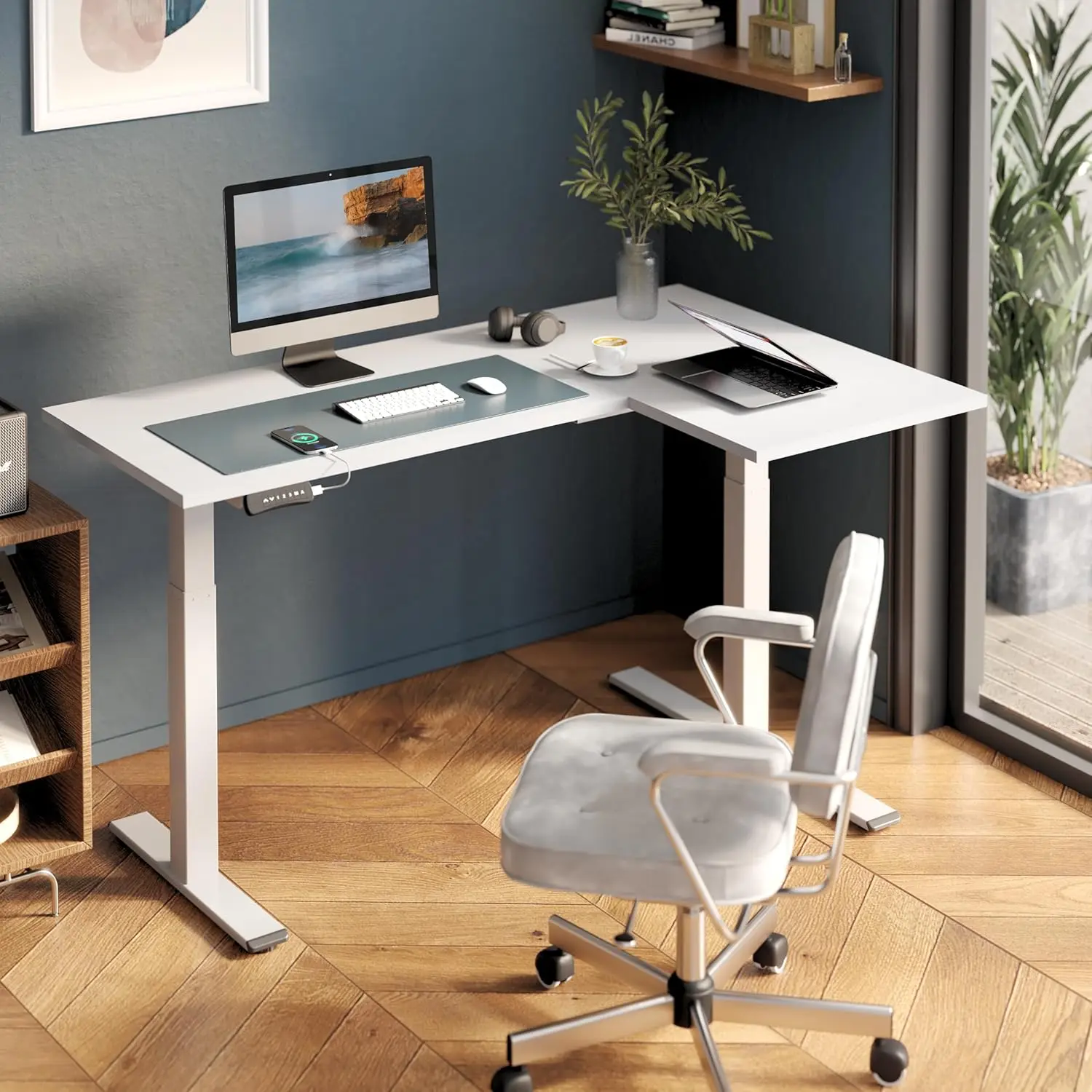 63-Inch Large Dual Motor L-Shaped Electric Height Adjustable Standing Desk-Reversible Panel-White Top/White Frame