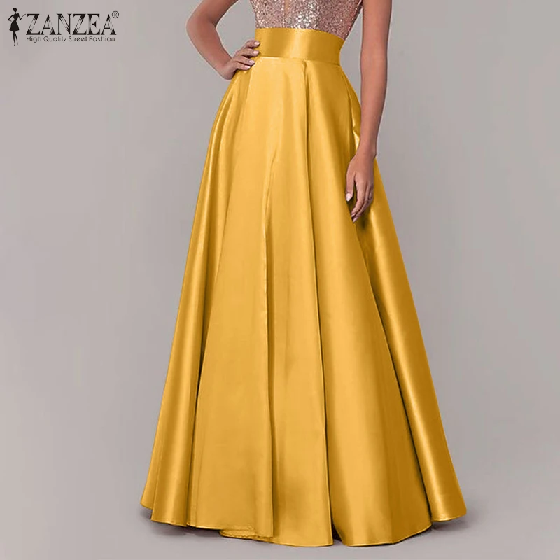 ZANZEA Women Satin Silk Black Maxi Long Skirts Elegant Luxury High Waisted A-Line Party Jupe Femme with Back Zipper Faldas Mujer 3