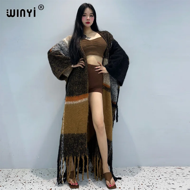 WINYI 여성용 겨울 코트, 레트로 스타일 프린트 태슬, 럭셔리 롱 퍼, 루즈 오버 코트, 두껍고 따뜻한 롱 다운 코트, 패션 가디건