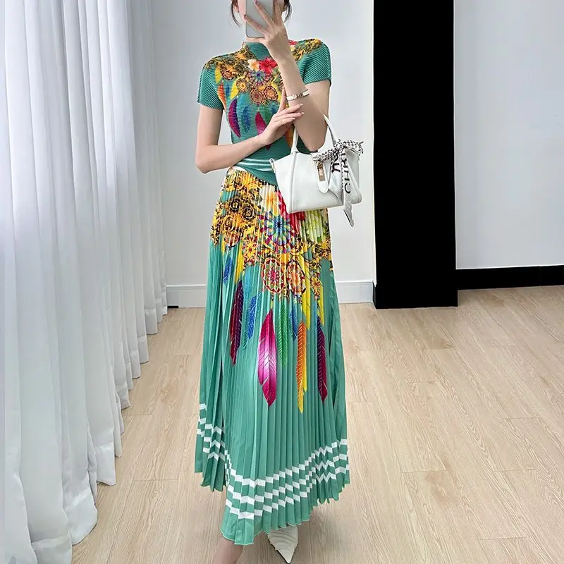 Women's Sets 2 Pieces Set Short Sleeve Top Pleated Long Skirt Woman Clothing Printed Retro Corn Grain Summer New Design Slim