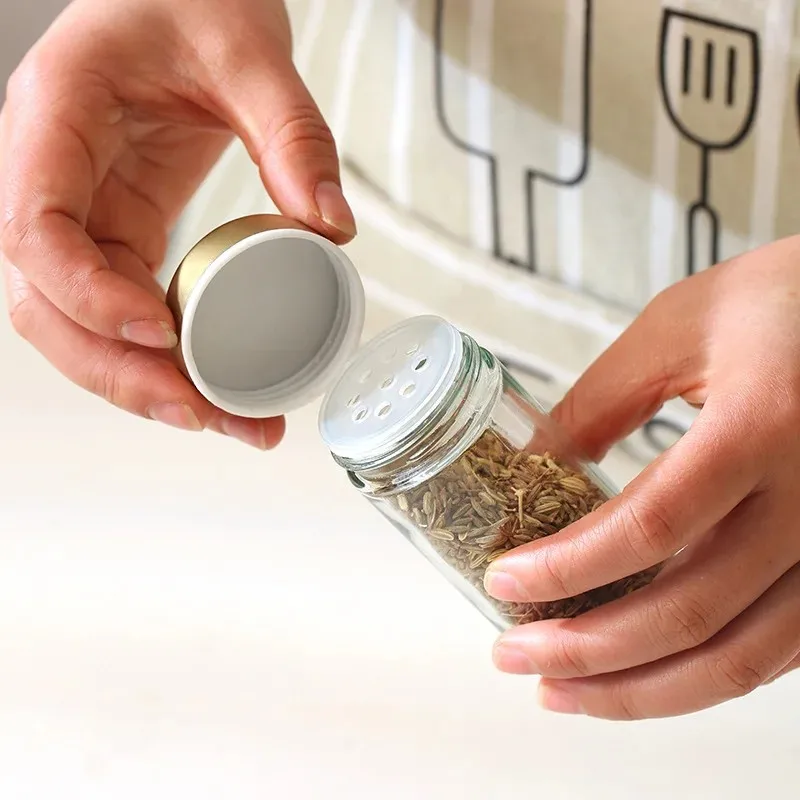 430 Stainless Steel Rotary Seasoning Bottle Round Head Glass Jar for Spices Kitchen Condimenters