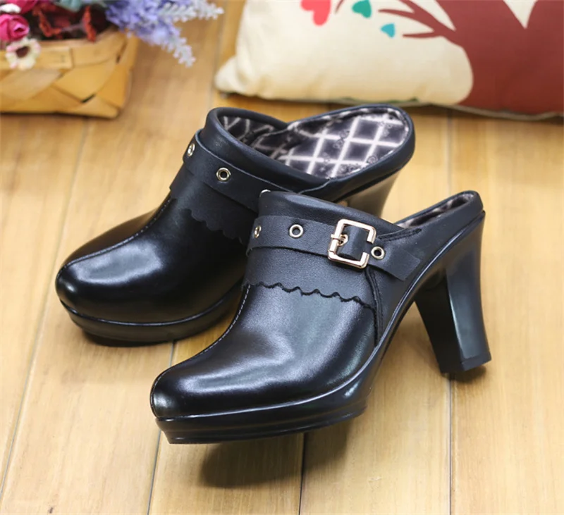 Fashion Women Pumps Slippers Ladies Female Slides Shoes Sandals 2022 Indoor Shopping Mall High-Heeled Slippers Genuine Leather
