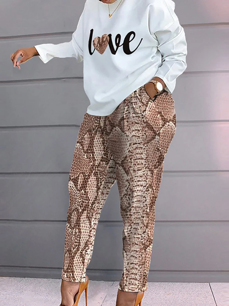 white pant suit set New Tracksuit Female Printing Pocket Women Loungewear Set Spring Autumn O-Neck Long Sleeve Pencil Pants Ladies Outfit Streetwear Dress Suits