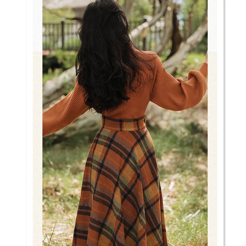Women's Spring Autumn Vintage Plaid Long Skirts Sweater Two-Piece Set French Lady Graceful Knit Pullover High Waist Skirt Outfit 5