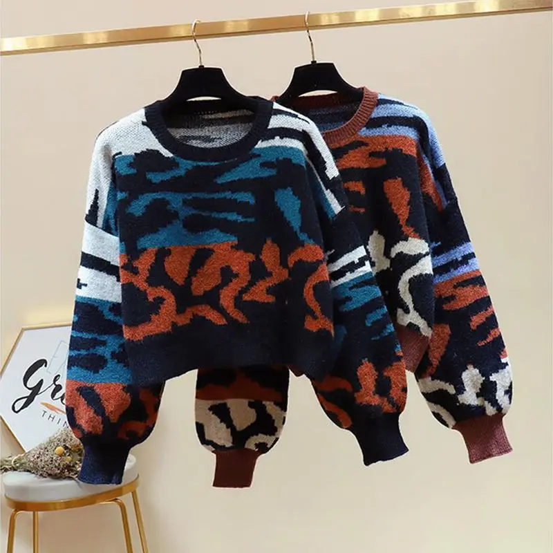 

Женский трикотажный свитер с леопардовым принтом, повседневный Свободный пуловер с круглым вырезом и длинными рукавами в Корейском стиле, Новое поступление на осень 2023, D575