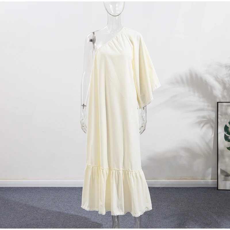 Mode Drapierte Lange Kleid Für Frauen One-schulter Flare Hülse Unregelmäßige Asymmetrische Robe Sommer Elegante Weibliche Party Kleider – Detail 5