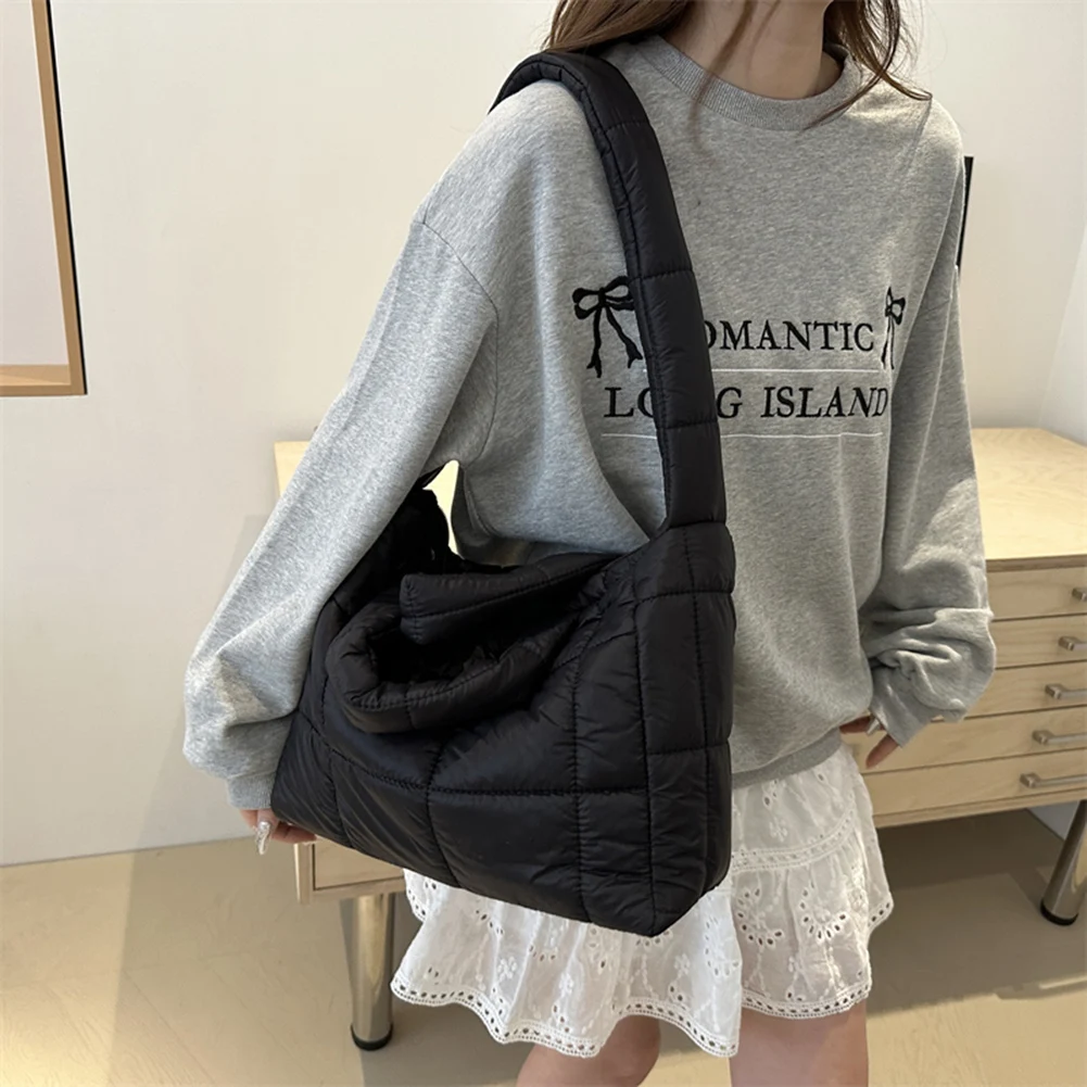 Women Quilted Shoulder Bag Large Capacity Puffer Tote Handbag Solid Color Quilted Top Handle Bag Ladies Commute Bag