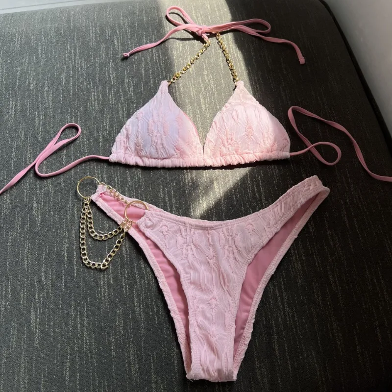 Women's Two Piece Swimsuit Chain Linked Halter Triangle Cut Out Bikini Sets Bathing Suits