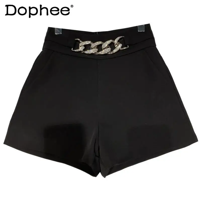 Pantalones cortos con cadena de Metal y diamantes imitación para mujer, Shorts elegantes que combinan con pantalones de pierna recta a la moda, novedad Primavera de 2022 - AliExpress