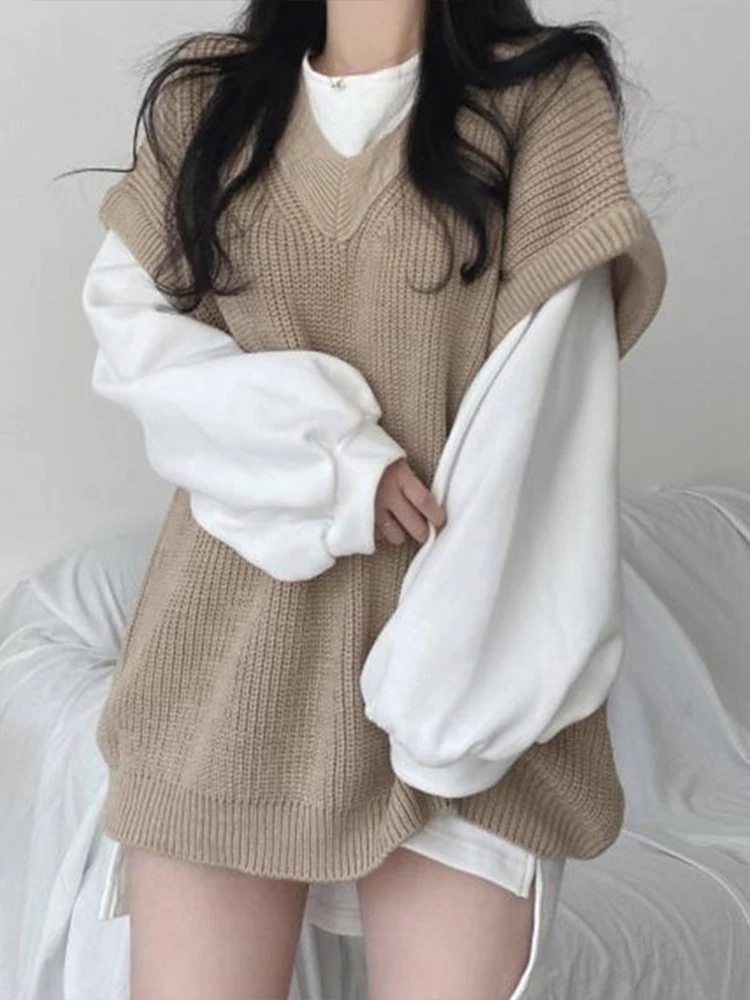 가을 겨울 스웨터 조끼, 한국 패션 프레피 스타일 니트 스웨터, 여성 오버사이즈 캐주얼 루즈 민소매 풀오버 