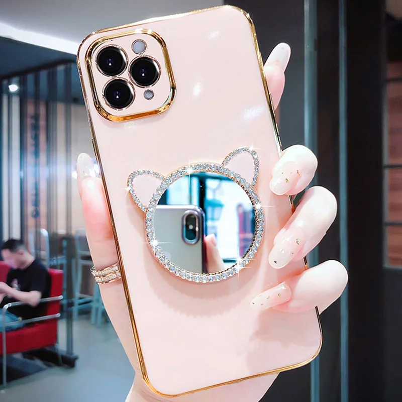 Plating Case For Samsung A34 A54 A53 A32 A33 A13 4G 5G A12 A73 A25 A31 A21S A14 Diamond Cute Cat Ears Make-up Mirror_voghion.com