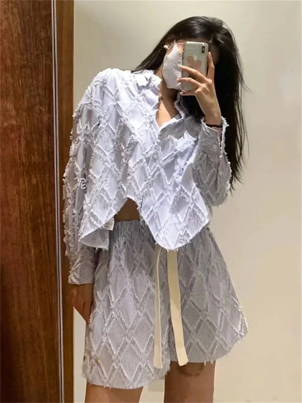 여성용 체크 무늬 줄무늬 캐주얼 세트, 턴다운 칼라, 싱글 브레스트 셔츠, 신축성 허리 드로스트링, 주머니가 있는 느슨한 반바지