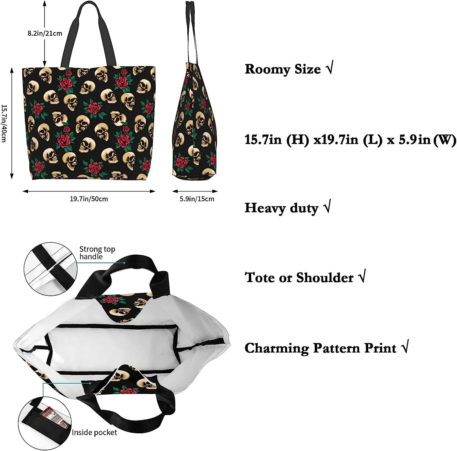Rose Flower Skull Tote Bag Large Women Casual Shoulder Bag Handbag Reusable Shopping Grocery Beach For Women Girls
