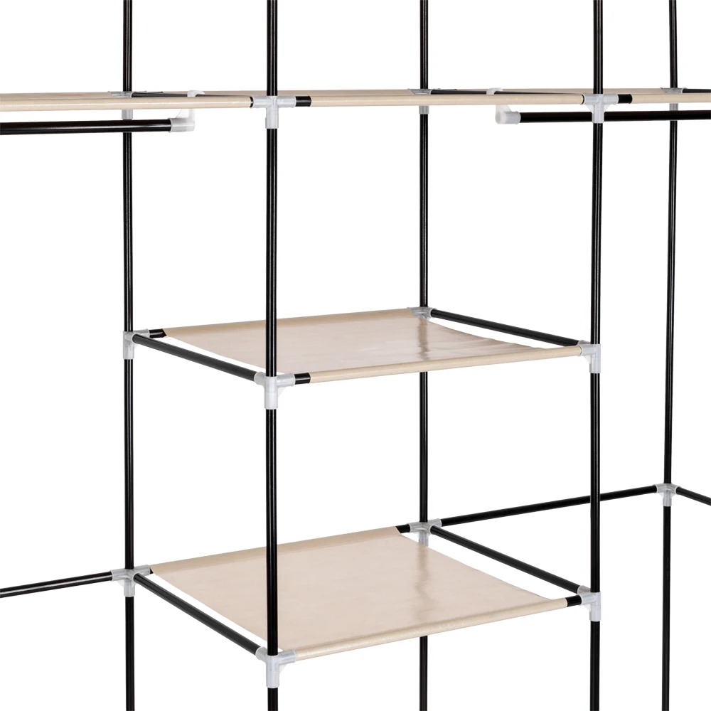 69" Portable Clothes Closet Non-Woven Fabric Wardrobe Double Rod Storage Organizer Beige 3
