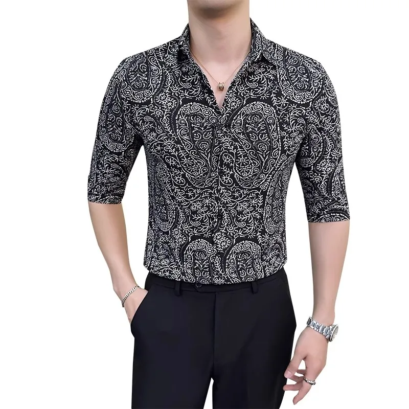 

Vintage Flower Print Men's Dress Shirts Summer Lapel Half Sleeved Camisas De Hombre Streetwear Party Slim Fit Floral Blouse Man
