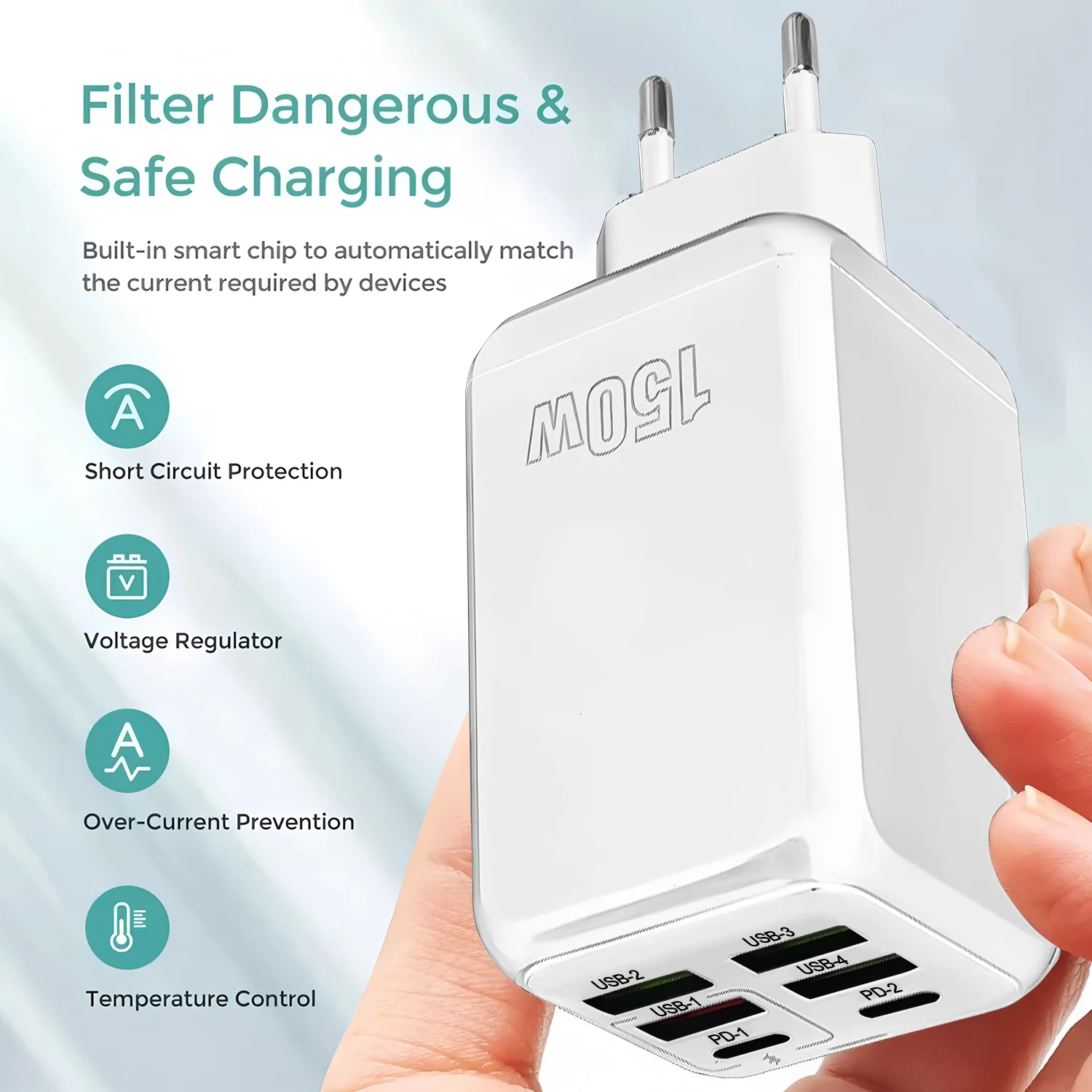 120W 6-Port Fast Charger - Dual PD+QC3.0 USB-C Wal...
