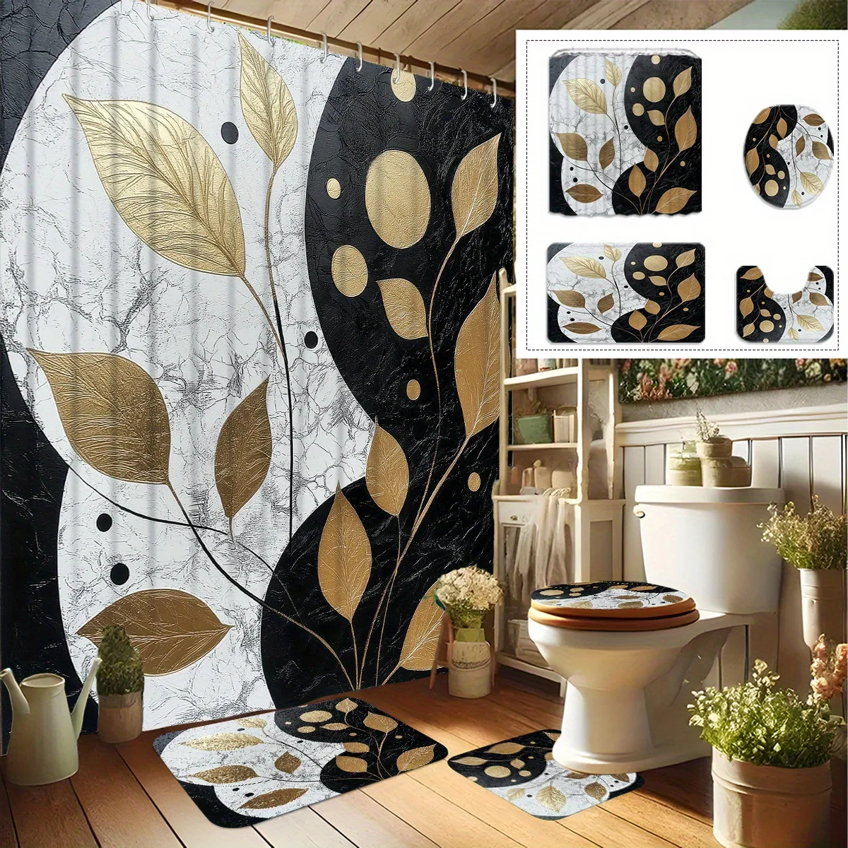 4종세트, 블랙, 화이트, 골드 추상 잎 패턴, 샤워커튼, 미끄럼방지매트, U자매..